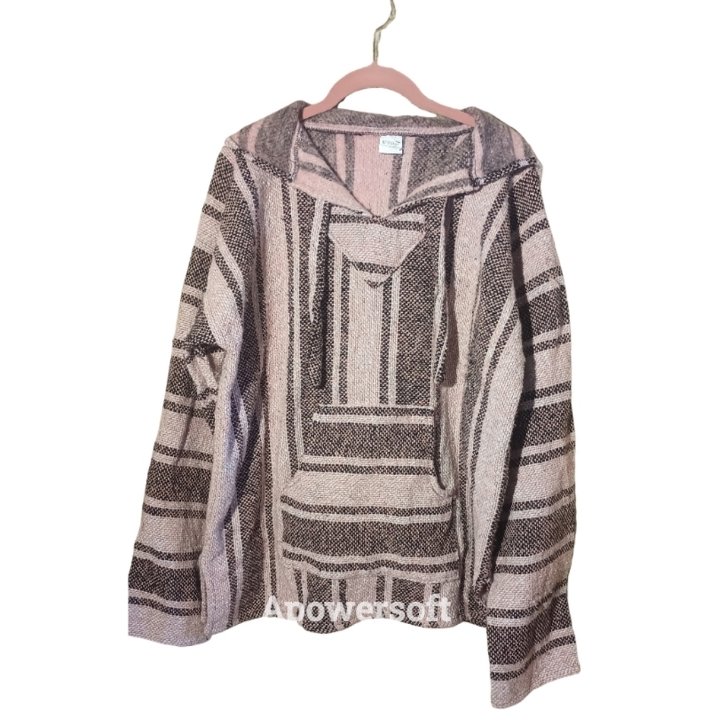 Mr. Baja Mexican Poncho Hoodie Fleece inside Pink Gray Large
